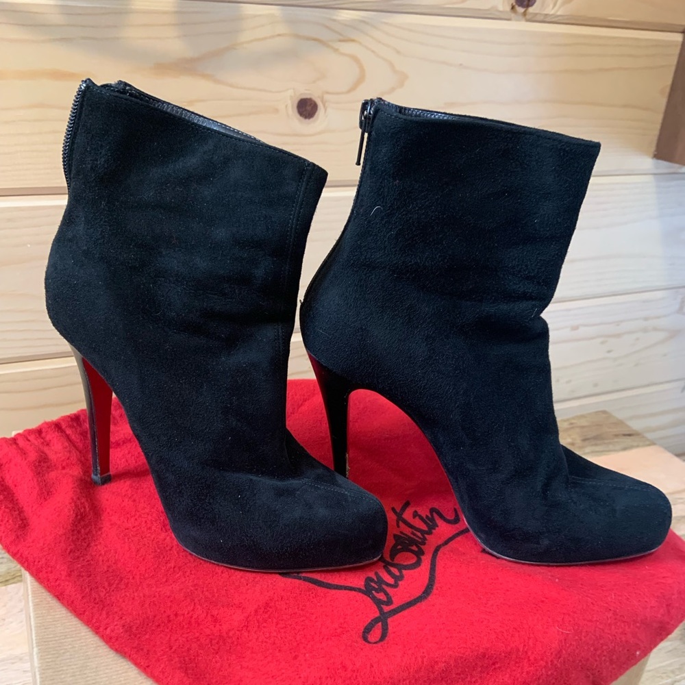 Christian Louboutin Black Suede Ankle Boots with Signature Red Soles